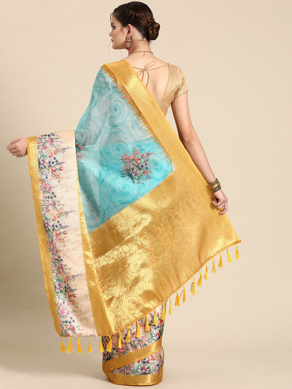 Sky Blue Kanjeevaram Silk Digital Print Floral Saree with Unstitched Blouse - Hiral Fashion | Grocsy