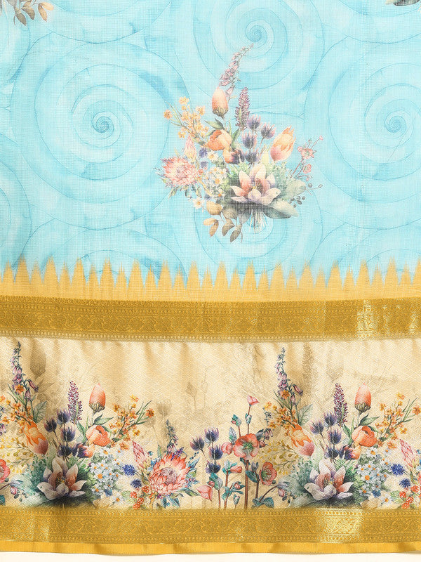 Sky Blue Kanjeevaram Silk Digital Print Floral Saree with Unstitched Blouse - Hiral Fashion | Grocsy