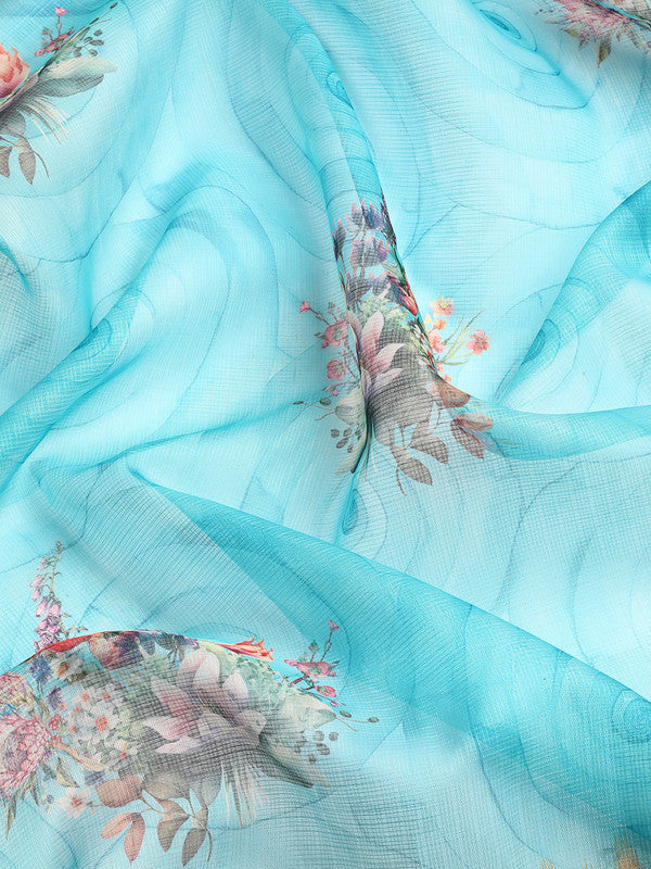 Sky Blue Kanjeevaram Silk Digital Print Floral Saree with Unstitched Blouse - Hiral Fashion | Grocsy