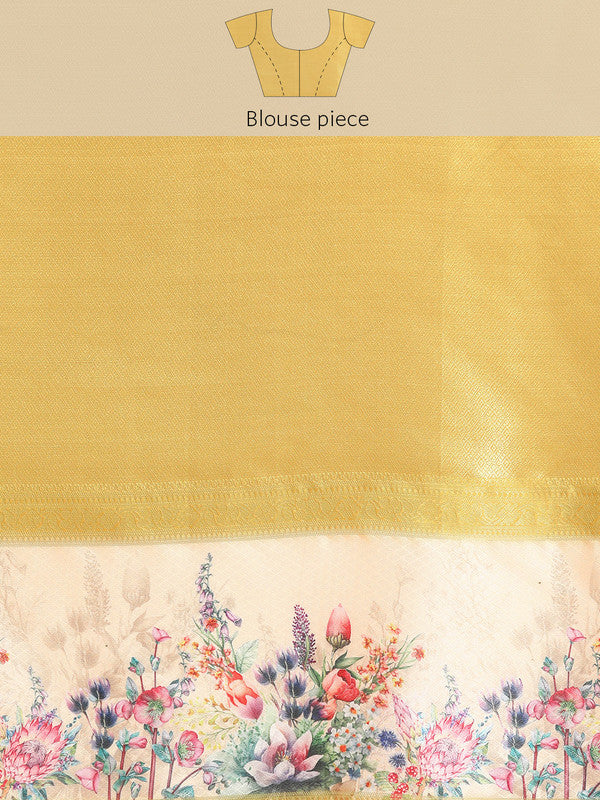 Sky Blue Kanjeevaram Silk Digital Print Floral Saree with Unstitched Blouse - Hiral Fashion | Grocsy
