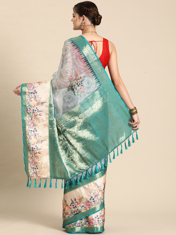 Turquoise Kanjeevaram Silk Digital Print Floral Saree with Unstitched Blouse - Hiral Fashion | Grocsy