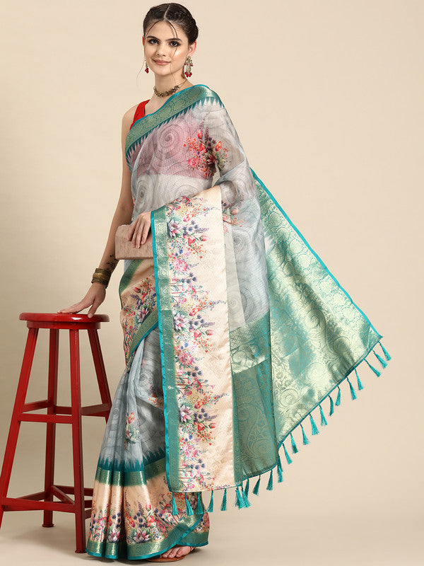 Turquoise Kanjeevaram Silk Digital Print Floral Saree with Unstitched Blouse - Hiral Fashion | Grocsy