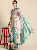 Turquoise Kanjeevaram Silk Digital Print Floral Saree with Unstitched Blouse - Hiral Fashion | Grocsy