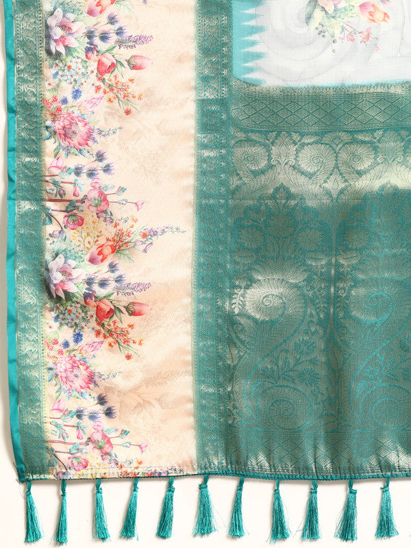 Turquoise Kanjeevaram Silk Digital Print Floral Saree with Unstitched Blouse - Hiral Fashion | Grocsy
