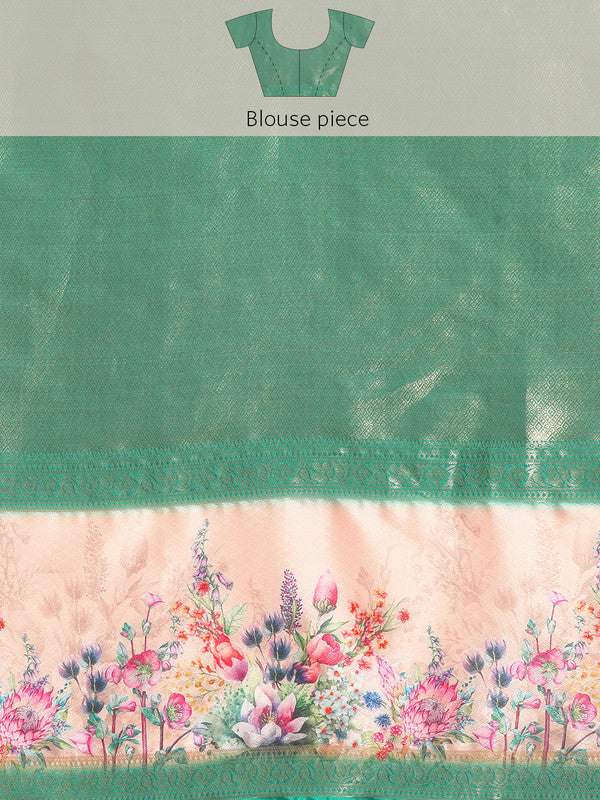 Turquoise Kanjeevaram Silk Digital Print Floral Saree with Unstitched Blouse - Hiral Fashion | Grocsy
