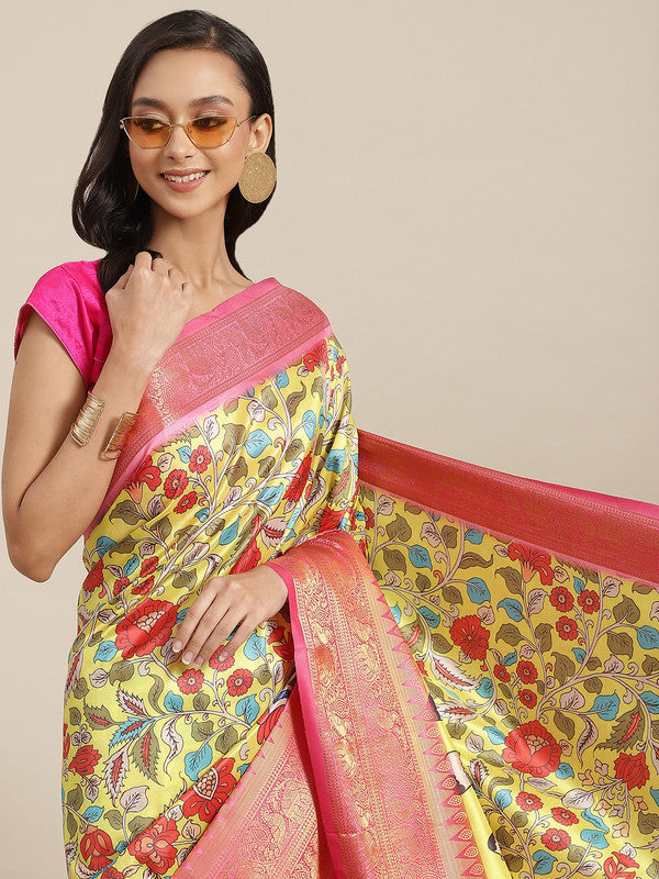 Green Art Silk Digital Print Floral Saree with Unstitched Blouse - Hiral Fashion | Grocsy