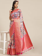 White Art Silk Digital Print Floral Saree with Unstitched Blouse - Hiral Fashion | Grocsy