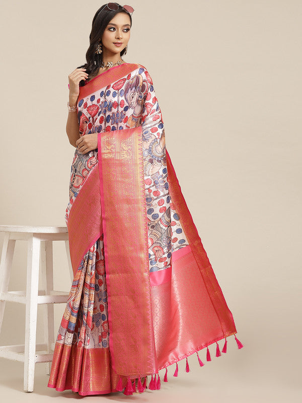 White Art Silk Digital Print Floral Saree with Unstitched Blouse - Hiral Fashion | Grocsy