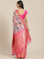 White Art Silk Digital Print Floral Saree with Unstitched Blouse - Hiral Fashion | Grocsy