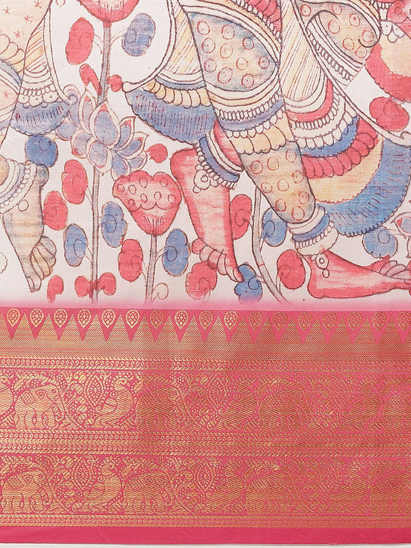 White Art Silk Digital Print Floral Saree with Unstitched Blouse - Hiral Fashion | Grocsy