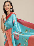 Turquoise Art Silk Digital Print Floral Saree with Unstitched Blouse - Hiral Fashion | Grocsy