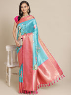 Turquoise Art Silk Digital Print Floral Saree with Unstitched Blouse - Hiral Fashion | Grocsy