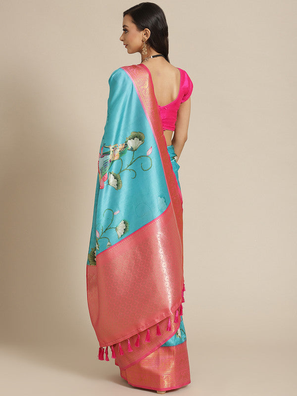 Turquoise Art Silk Digital Print Floral Saree with Unstitched Blouse - Hiral Fashion | Grocsy