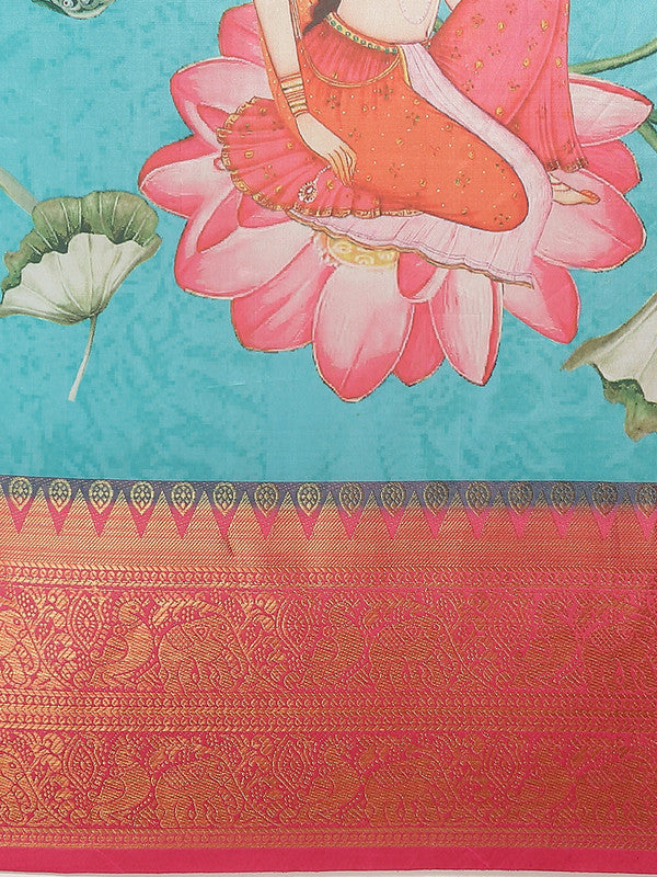 Turquoise Art Silk Digital Print Floral Saree with Unstitched Blouse - Hiral Fashion | Grocsy