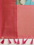 Turquoise Art Silk Digital Print Floral Saree with Unstitched Blouse - Hiral Fashion | Grocsy