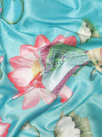 Turquoise Art Silk Digital Print Floral Saree with Unstitched Blouse - Hiral Fashion | Grocsy