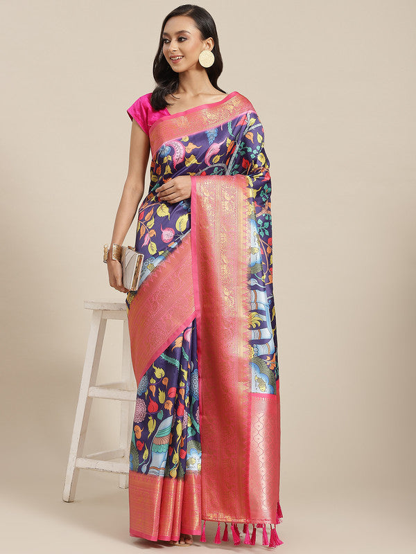 Navy Blue Art Silk Digital Print Floral Saree with Unstitched Blouse - Hiral Fashion | Grocsy