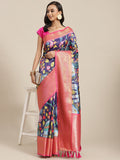 Navy Blue Art Silk Digital Print Floral Saree with Unstitched Blouse - Hiral Fashion | Grocsy