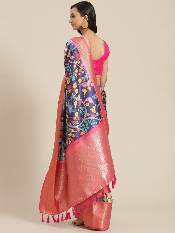 Navy Blue Art Silk Digital Print Floral Saree with Unstitched Blouse - Hiral Fashion | Grocsy