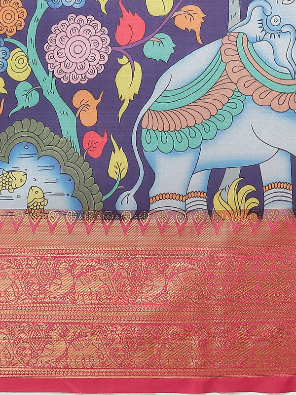 Navy Blue Art Silk Digital Print Floral Saree with Unstitched Blouse - Hiral Fashion | Grocsy