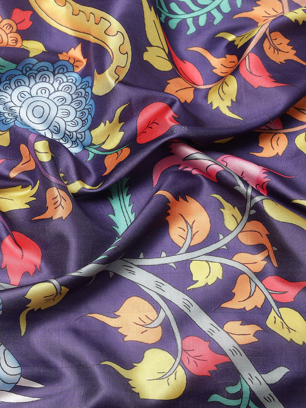 Navy Blue Art Silk Digital Print Floral Saree with Unstitched Blouse - Hiral Fashion | Grocsy