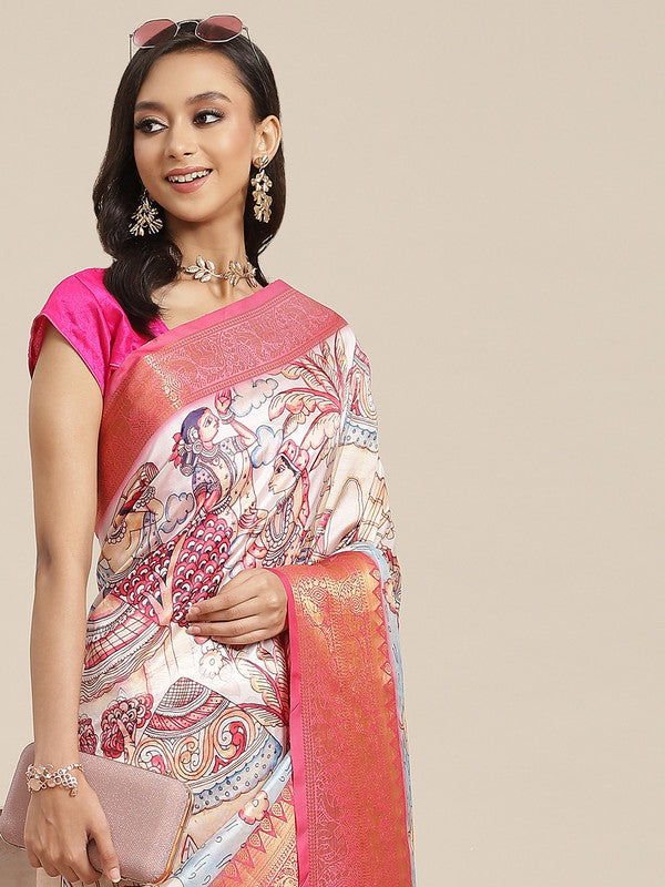 Blue Art Silk Digital Print Floral Saree with Unstitched Blouse - Hiral Fashion | Grocsy