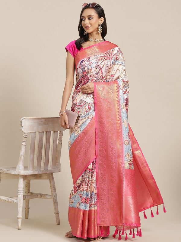 Blue Art Silk Digital Print Floral Saree with Unstitched Blouse - Hiral Fashion | Grocsy