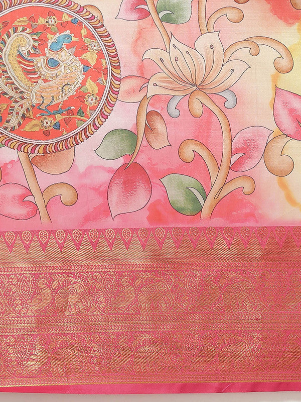 Pink Art Silk Digital Print Floral Saree with Unstitched Blouse - Hiral Fashion | Grocsy