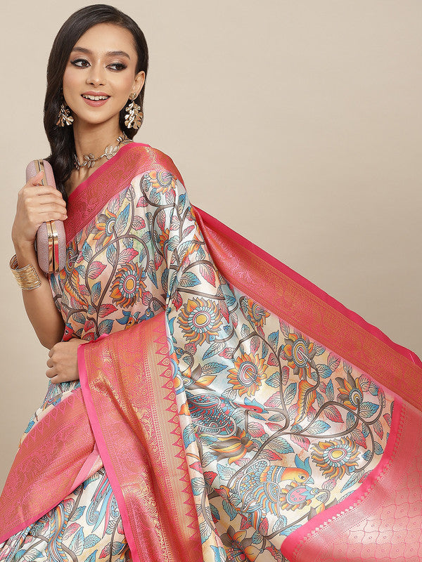 Multicolor Art Silk Digital Print Floral Saree with Unstitched Blouse - Hiral Fashion | Grocsy