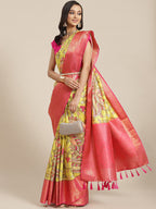 Green Art Silk Digital Print Floral Saree with Unstitched Blouse - Hiral Fashion | Grocsy