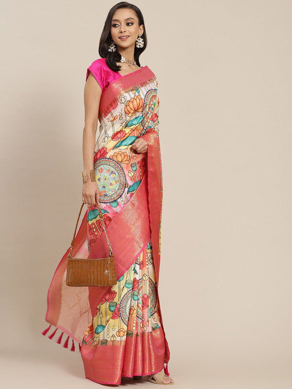 Off White Art Silk Digital Print Floral Saree with Unstitched Blouse - Hiral Fashion | Grocsy