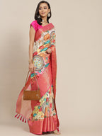Off White Art Silk Digital Print Floral Saree with Unstitched Blouse - Hiral Fashion | Grocsy