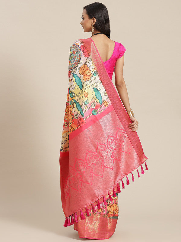 Off White Art Silk Digital Print Floral Saree with Unstitched Blouse - Hiral Fashion | Grocsy