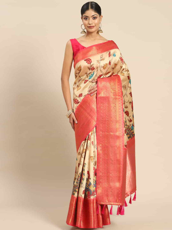 Beige Art Silk Printed Kalamkari Saree with Unstitched Blouse - Hiral Fashion | Grocsy