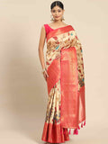 Beige Art Silk Printed Kalamkari Saree with Unstitched Blouse - Hiral Fashion | Grocsy