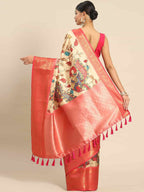 Beige Art Silk Printed Kalamkari Saree with Unstitched Blouse - Hiral Fashion | Grocsy