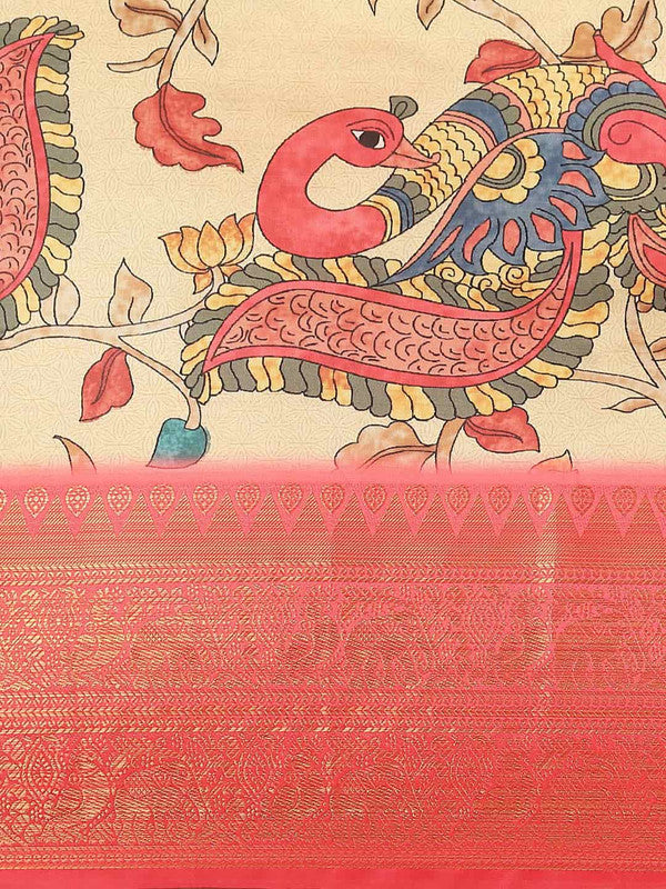 Beige Art Silk Printed Kalamkari Saree with Unstitched Blouse - Hiral Fashion | Grocsy