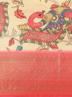 Beige Art Silk Printed Kalamkari Saree with Unstitched Blouse - Hiral Fashion | Grocsy