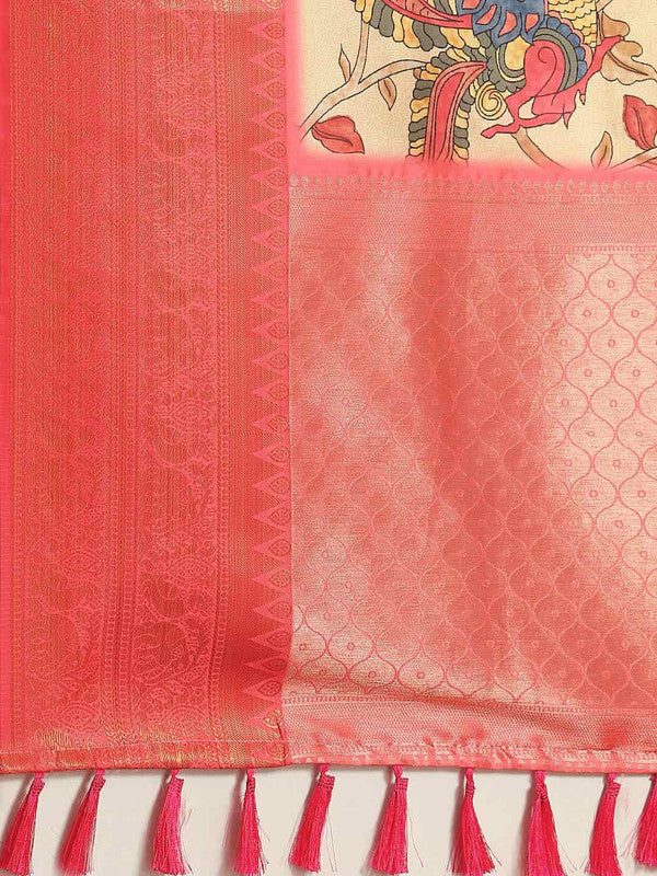Beige Art Silk Printed Kalamkari Saree with Unstitched Blouse - Hiral Fashion | Grocsy