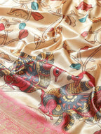 Beige Art Silk Printed Kalamkari Saree with Unstitched Blouse - Hiral Fashion | Grocsy