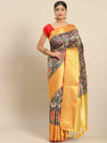 Black Art Silk Printed Kalamkari Saree with Unstitched Blouse - Hiral Fashion | Grocsy