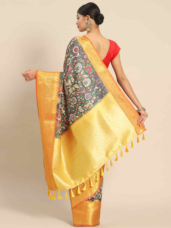 Black Art Silk Printed Kalamkari Saree with Unstitched Blouse - Hiral Fashion | Grocsy