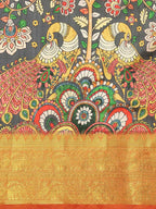 Black Art Silk Printed Kalamkari Saree with Unstitched Blouse - Hiral Fashion | Grocsy