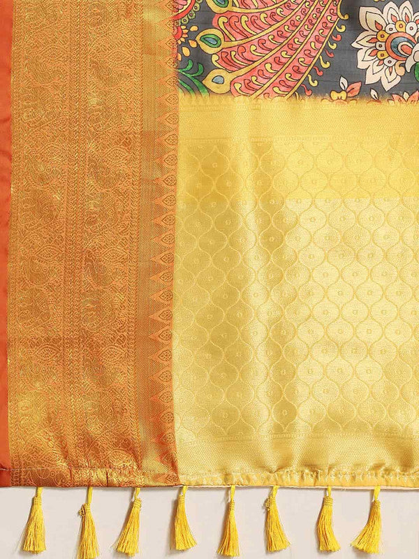 Black Art Silk Printed Kalamkari Saree with Unstitched Blouse - Hiral Fashion | Grocsy