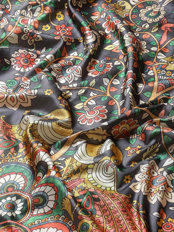 Black Art Silk Printed Kalamkari Saree with Unstitched Blouse - Hiral Fashion | Grocsy