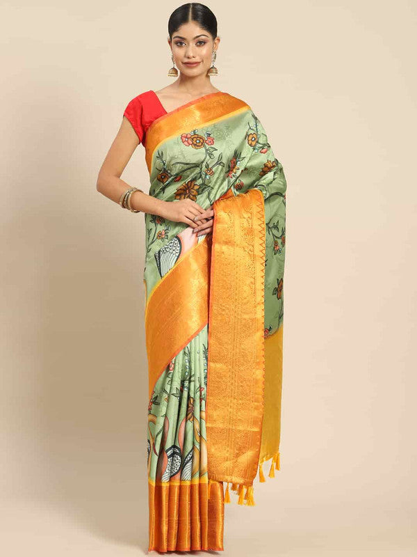 Green Art Silk Printed Kalamkari Saree with Unstitched Blouse - Hiral Fashion | Grocsy