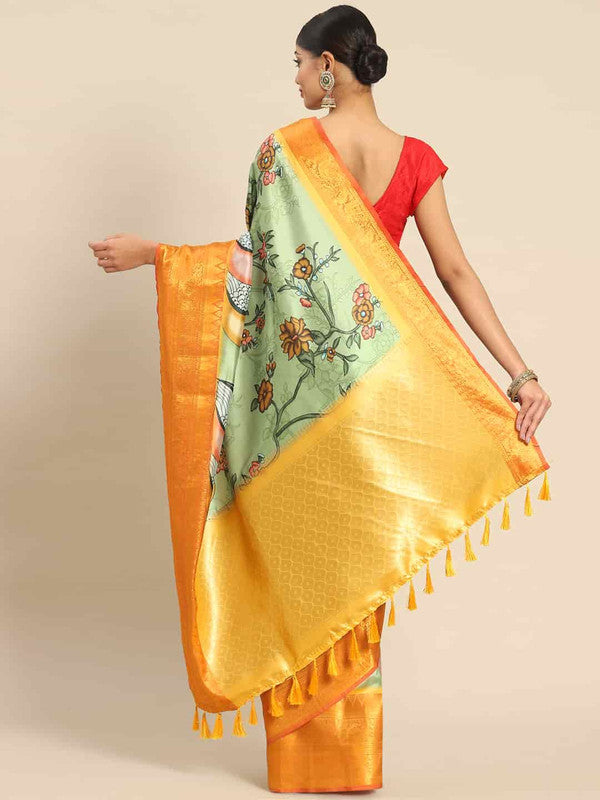 Green Art Silk Printed Kalamkari Saree with Unstitched Blouse - Hiral Fashion | Grocsy