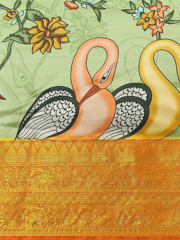 Green Art Silk Printed Kalamkari Saree with Unstitched Blouse - Hiral Fashion | Grocsy