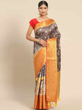 Gray Art Silk Printed Kalamkari Saree with Unstitched Blouse - Hiral Fashion | Grocsy