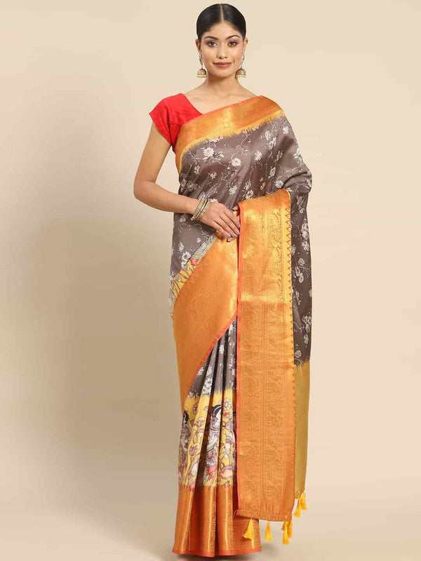 Gray Art Silk Printed Kalamkari Saree with Unstitched Blouse - Hiral Fashion | Grocsy